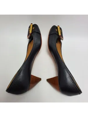 Chloe Leather Buckle Peep Toes Kitten Heels Slip On Pumps Size 37 Black thumbnail 10