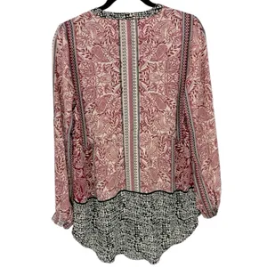 DR2 Women's Tunic Top Size Medium‎ Pink Black Paisley Boho Tassel V-Neck thumbnail 4