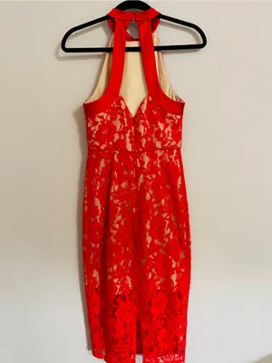 ABS Allen Schwartz Red Floral Lace Halter Dress Sheath Cocktail Wedding Guest 4 thumbnail 13