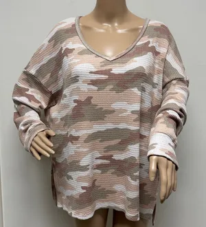 American Eagle Long Sleeve Oversized Peach/Nude Camo Waffle V Neck Top size XL thumbnail 1