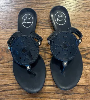 Jack Rogers Black Leather Round Medallion Thong Sandals, 7 thumbnail 1