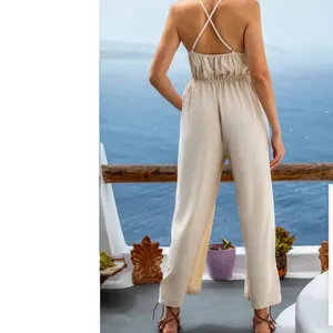 Cupshe Neutral Tie Waist Wide-leg Jumpsuit Beige Semi-sheer Size Large NWT thumbnail 2