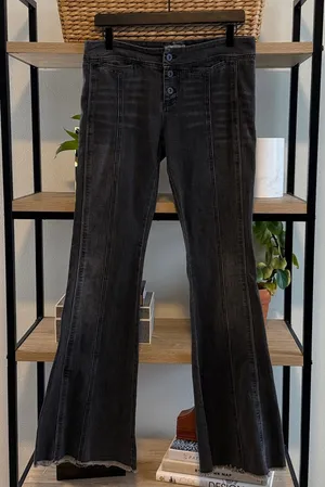 Free People Mid-Rise Washed Black Raw Hem Bell Bottom Flare Jeans, 29 thumbnail 1