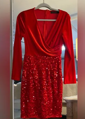 NEW Velvet Sequin V Neck Long Sleeve Winter Dress Holiday Christmas Dress S thumbnail 4
