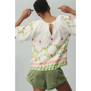 NWT Banjanan‎ Oana Puff Sleeve Top XS Watermelon Wat Artsy Silk Blend Cottage thumbnail 4
