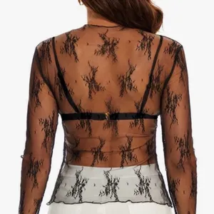 Black Lace Sheer Long Sleeve Boatneck Top Sz L NWT thumbnail 13