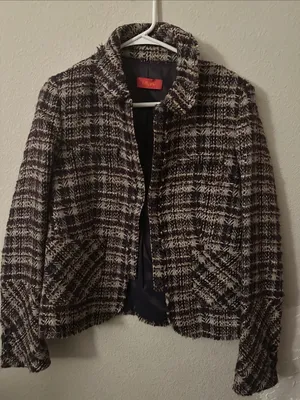 Textured Plaid Tweed Blazer Jacket in Black and Cream thumbnail 1