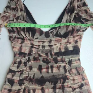 Zara NWT Brown Ruched Tulle Mesh Tie‎ Dye V-Neck Mini Dress Long Sleeve Small thumbnail 7