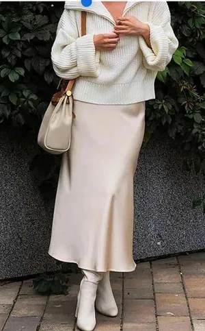 NWT Emprada Women's Long Satin Skirt Elastic Waist Champagne Silk A-Line Skirt L thumbnail 1