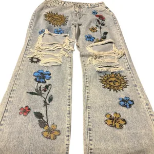 Light Blue Floral Distressed Wide Leg Jeans Size XL (29” Waist) thumbnail 2