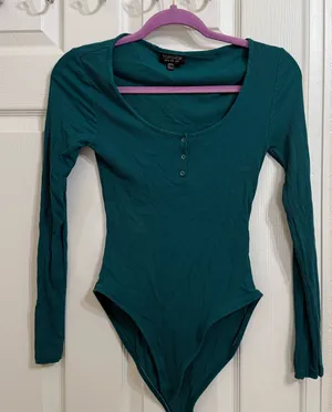 Topshop Teal Green Ribbed Long Sleeve Bodysuit thumbnail 1