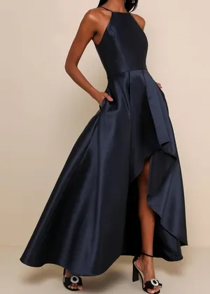 NEW Lulus Broadway Show Navy Blue High-Low Taffeta Pleated Gown Dress Medium thumbnail 1
