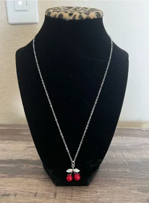 Cherries Design “18 Stainless Steel Silver Pendant Necklace NWT thumbnail 1