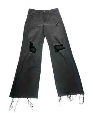 Express Modern Straight Jeans 8R Super High Rise Black Distressed Raw Hem thumbnail 1