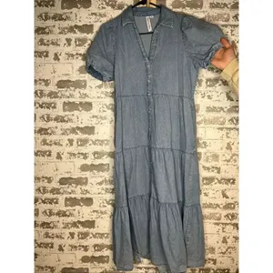 Grace + Karma | women denim button down dress puff sleeves thumbnail 8