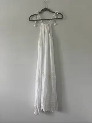Old Navy White Cotton Sleeveless Tie Strap Crochet Trim Swing Maxi Dress M thumbnail 5