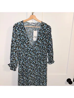 Zara NWT $70 Woman’s XL floral Ruffle hem midi dress flowered Open Neck thumbnail 4