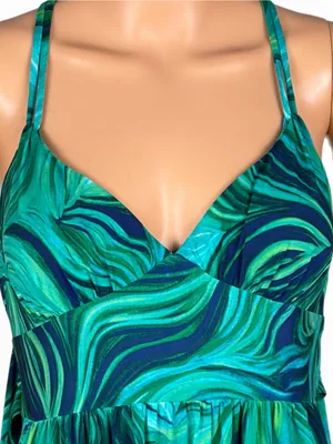 BISOU BISOU Green Navy Blue Tropical Swirl Print Empire Waist Maxi Dress Size 16 thumbnail 3