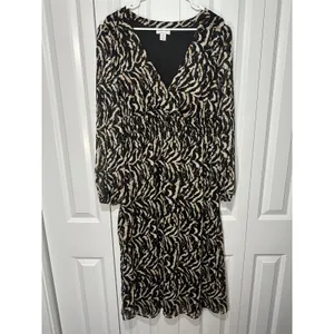 Sofia Vergara Dress XL Black Tan Zebra Smocked Empire Waist Metallic Chiffon thumbnail 2
