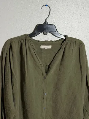 LOFT‎ Women Olive Green Button-Front Balloon Sleeve Blouse Flowy Ruffle size M thumbnail 4