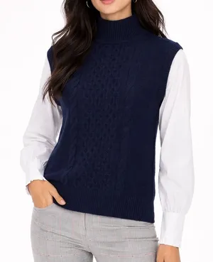 LOFT Sweater Vest Blouse Combo Womens S Navy‎ White Cable Knit Mixed Media Top thumbnail 1