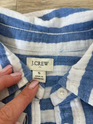 NWT J. Crew Blue and White Vertical Stripe Linen Button-Down Shirt thumbnail 4
