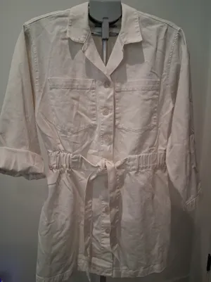 Zara White Button-Front Denim Shirt Dress with Waist Tie 100% Cotton Size M thumbnail 1