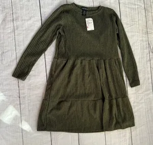 CENY Nordstrom Rack NWT size XS dark green tiered long sleeve A line dress thumbnail 1
