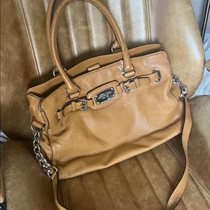 Michael Kors Camel Leather Satchel with Chain-Detail Strap thumbnail 1