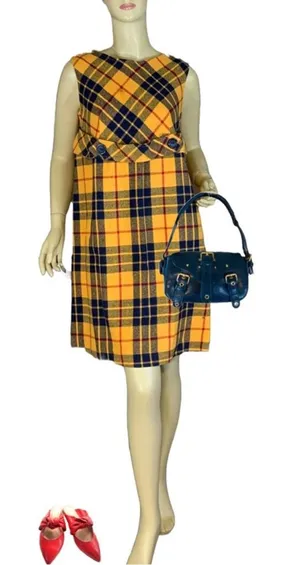 Vintage 1960'S M.H. Fine Co Yellow & Blue Plaid Wool Blend Shift Dress (12) thumbnail 1