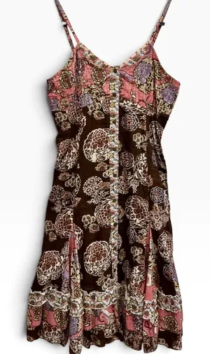 Funky People Vintage Patchwork Floral Sequin‎ Boho Midi Dress Brown Pink M Y2K thumbnail 1