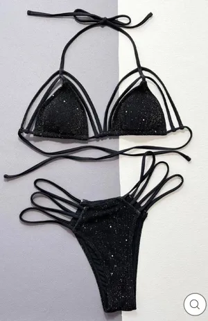 Amiclub Black Sparkly Strappy Cheeky Sexy Two Piece Swimsuit Bikini thumbnail 1