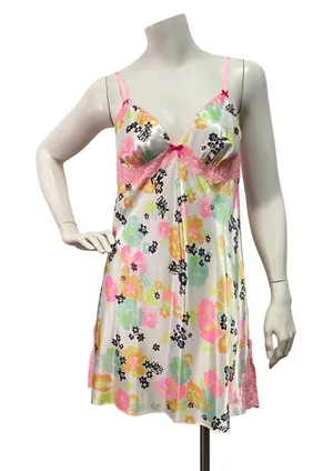 Victoria Secret M Floral Satin Lace Trim Slip Dress Lingerie Babydoll Cottage‎ thumbnail 1