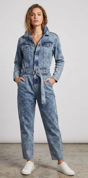 ZARA 100% Cotton‎ Acid Wash Long Sleeve Belted Button Down Denim Jumpsuit Size M thumbnail 1