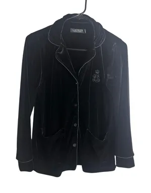 Lauren Ralph Lauren Womens PS Black Velvet Crest Pajama Top Button Down Cardigan thumbnail 1