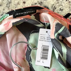 Josie Natori Silk Slip Dress Womens L Black Peony Blossom Floral Bias Cut Midi thumbnail 6