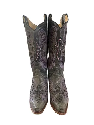 Corral Boots Women's Distressed Black Winged Cross Purple Inlay Boots Size 9 thumbnail 2