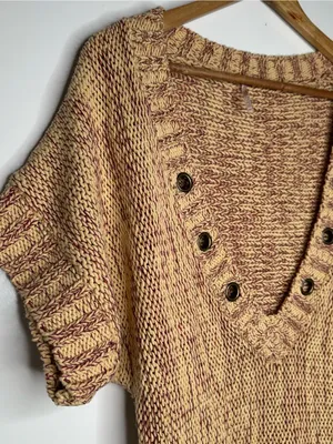 Free People Deep V-Neck Grommet Short Sleeve Chunky Knit Sweater Small thumbnail 5