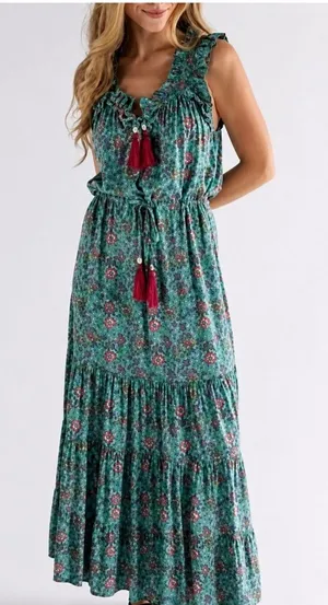 Natural Life Maddie Maxi Dress Turquoise Pink Floral Ruffle Boho Size M thumbnail 1