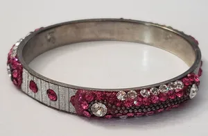 Vintage Bracelet / Bangle Pink & Silver Tone with Clear Gems thumbnail 1