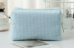 Amazon Light Mint Blue Striped Seersucker Toiletry Makeup Bag thumbnail 1