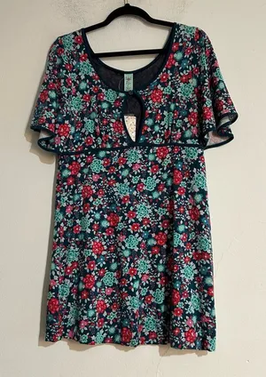 Free People Y2K Bright Floral Short Sleeve Cut Out Mini Dress Large Retro Boho thumbnail 1