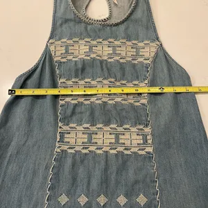 Free People Embroidered Chambray Denim Mini Dress | Size XS | Aztec Racerback thumbnail 9
