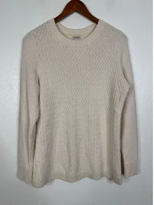 LL Bean Womens‎ Cream Cotton Textured Diamond Knit Crewneck Sweater 290401 Large thumbnail 1