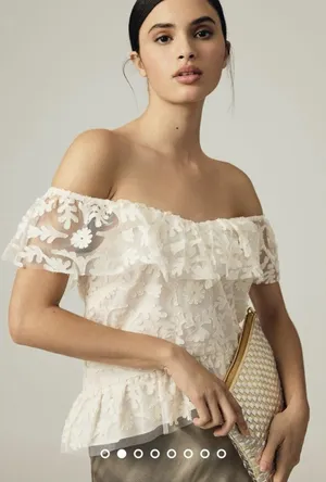 Anthropologie Textured Off The Shoulder Lace Blouse Cream Large thumbnail 1