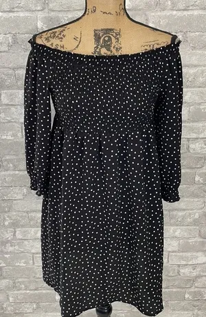 As You Wish Smocked Off Shoulder Polka Dot Dress thumbnail 1