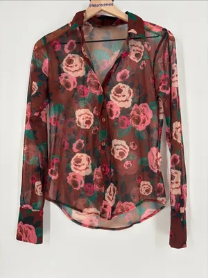 Olivacious sheer brown floral button down top small thumbnail 1
