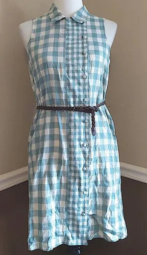 Gingham Shirt Dress Beige & Green Sleeveless Belted Mod Cottagecore Country thumbnail 1