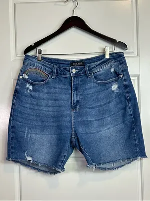 Judy Blue Classic High Rise Embroidered Rainbow Denim Bermuda Shorts Size 18W thumbnail 2