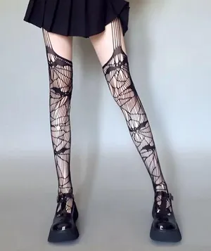 Black Bat Fishnet Suspender Tights Hollow Out High Waist Mesh Pantyhose One Size thumbnail 7